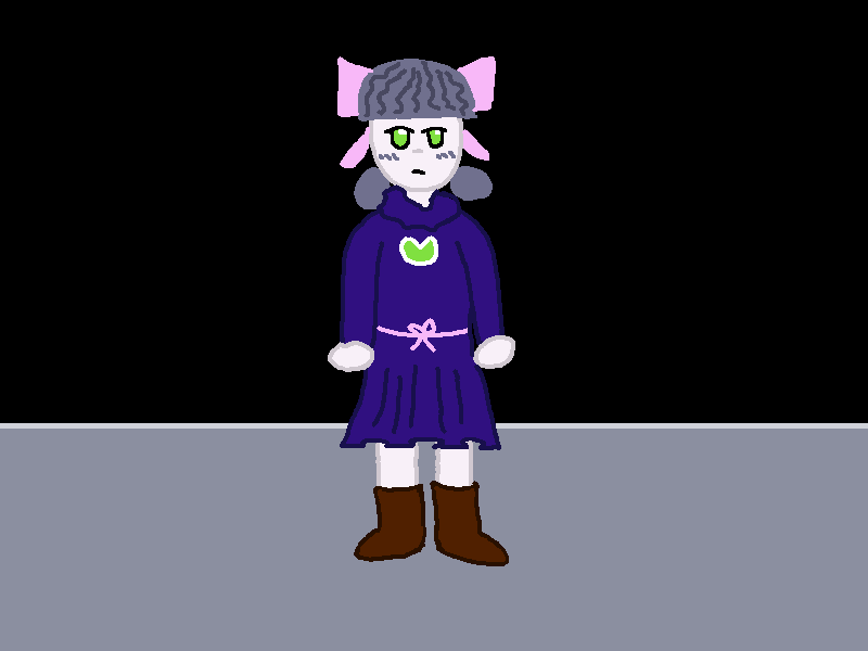 A robotgirl stands facing the screen, in a room that is black except for a gray floor. Her skin, if it could be called that, is a pale white with the slightest lavender hue, and she has something that looks like gray hair in two buns next to her neck. She also wears a large pink bow behind her supposed hair. Her eyes are green, and she looks straight forward with a neutral expression. She is wearing a sapphire cloak, with long sleeves and a skirt, with a small band holding it in place on her waist. It has a green emblem on the chest in a shape similar to a lily pad. She also wears brown boots.