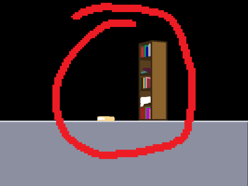 A bookshelf stuffed with books and loose paper, with another book lying on the ground in front of it.