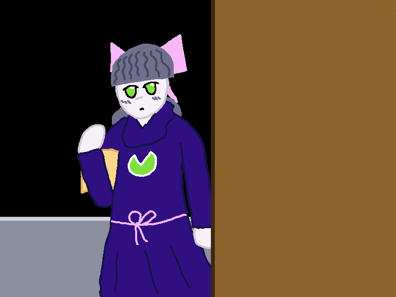 She starts walking away from the bookshelf.