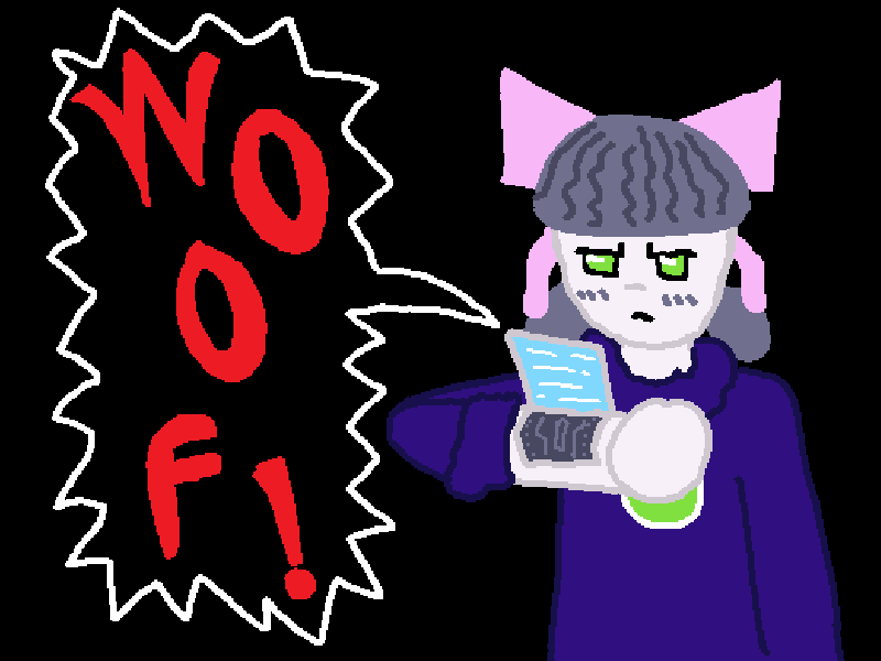 The robot squints at a display panel that came up from her arm, which is playing a loud energetic bark.