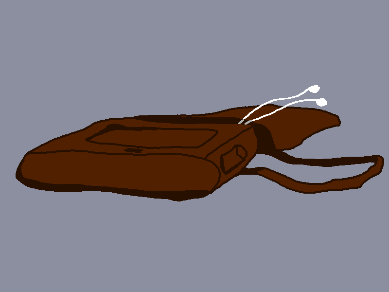 A brown messenger bag lies on the ground. Two long, white, string-like shapes trail from inside it.