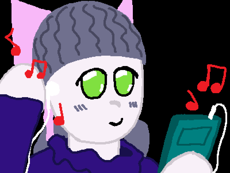 The robot holds one of the earphones up to herself.