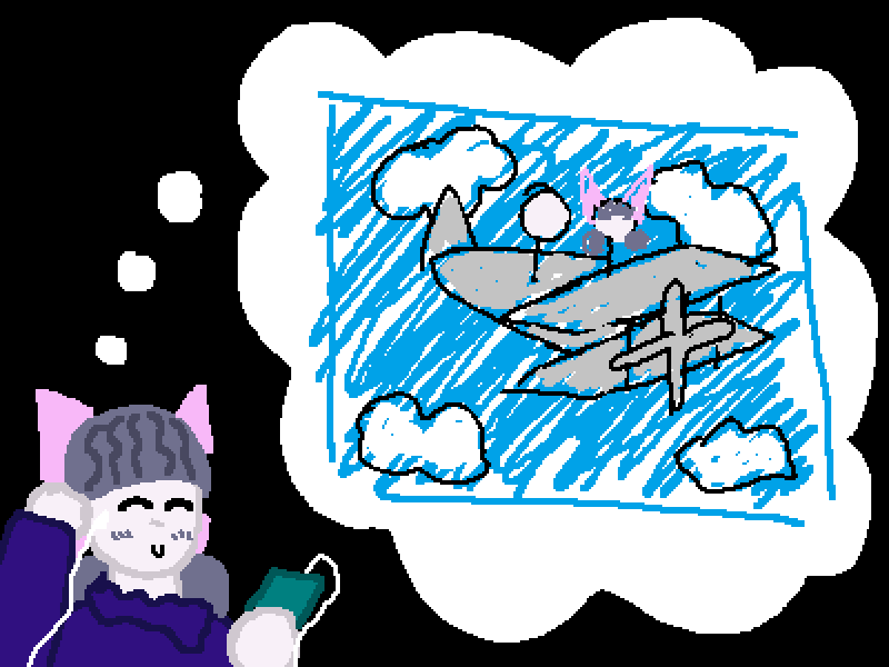 The robot envisions herself riding a plane, soaring through the sky.