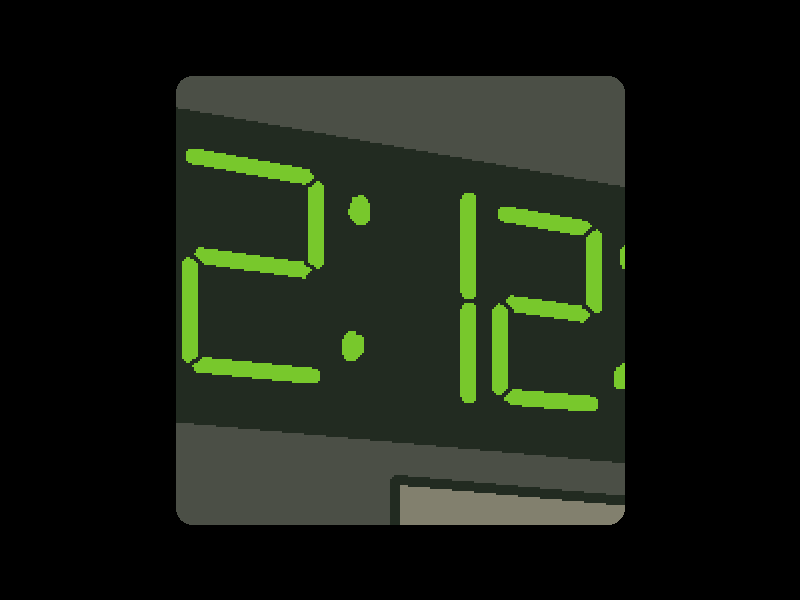 A view of a wall through the viewfinder, with a digital clock display reading '2:12'.