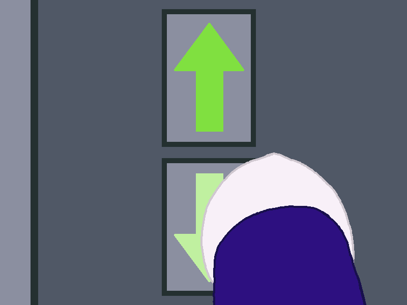 The robot's hand atop the down button.